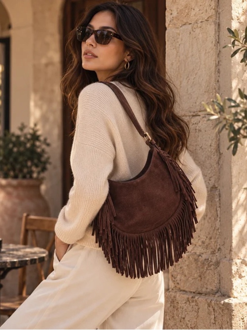 House of Silviano Varena Genuine Brown Suede Fringe Shoulder Bag